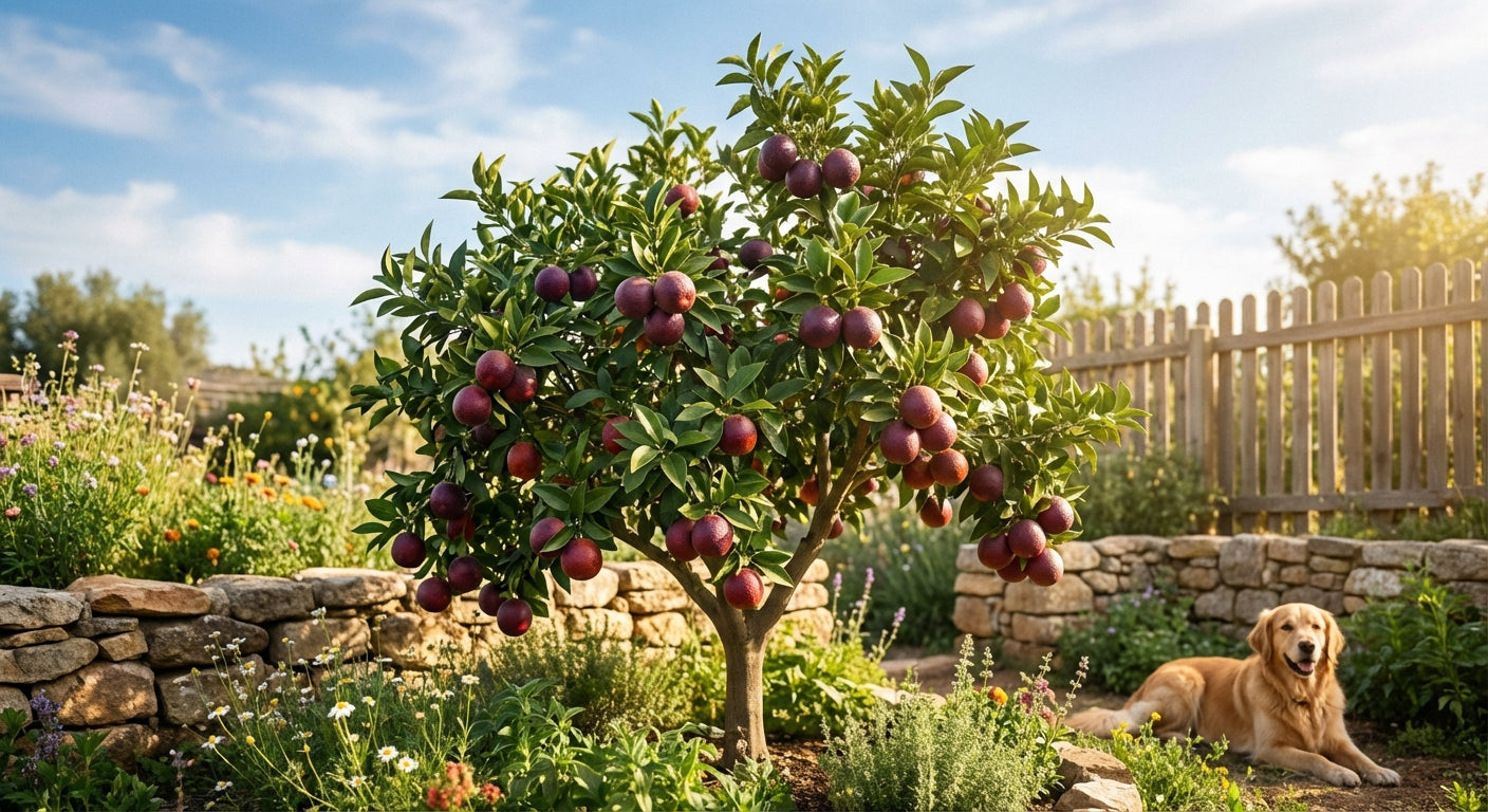 Dog lying on the ground next to a fruit tree with ripe moro blood orange in a garden setting.
