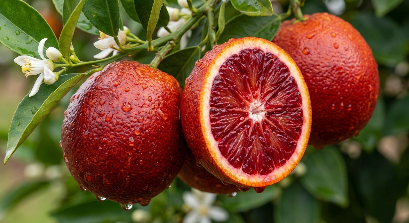 Blood oranges with one cut open, showing a vibrant red interior, on a tree with green leaves and white flowers.