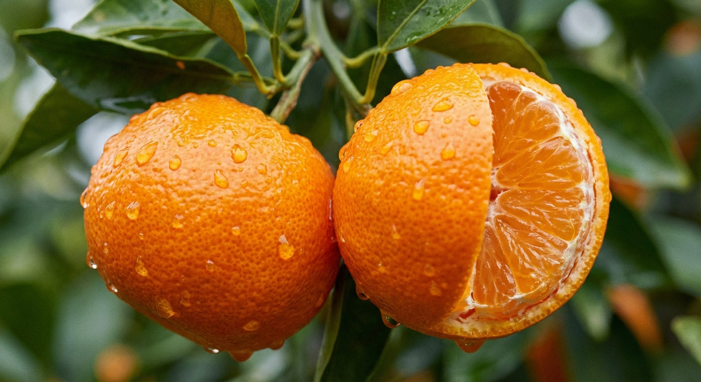 Murcott W. Afourer Mandarin Two oranges on a tree branch with one sliced open, showing juicy interior.