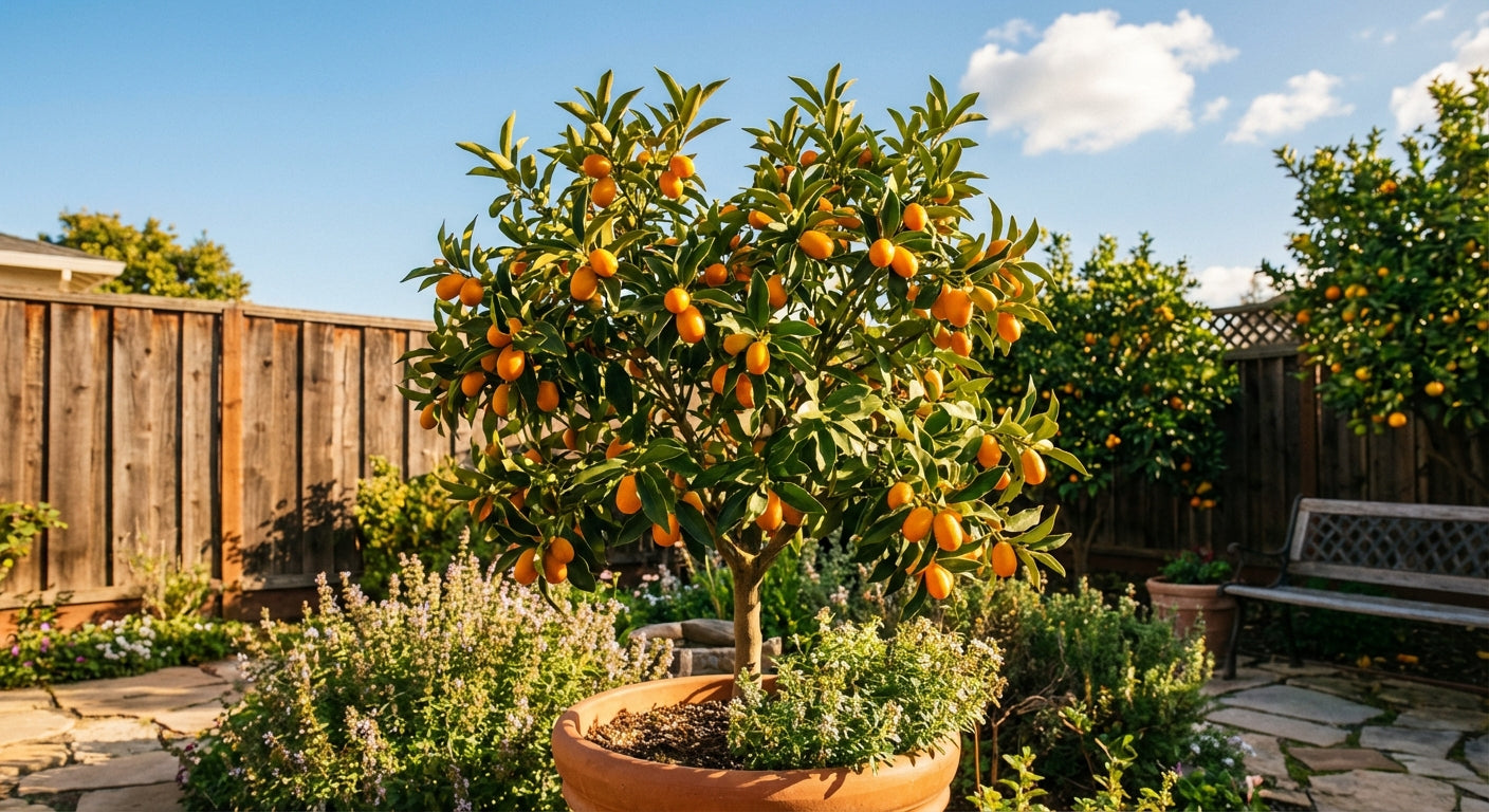 Nagami Kumquat Orange tree with fruits in a garden setting with a wooden fence and bench.