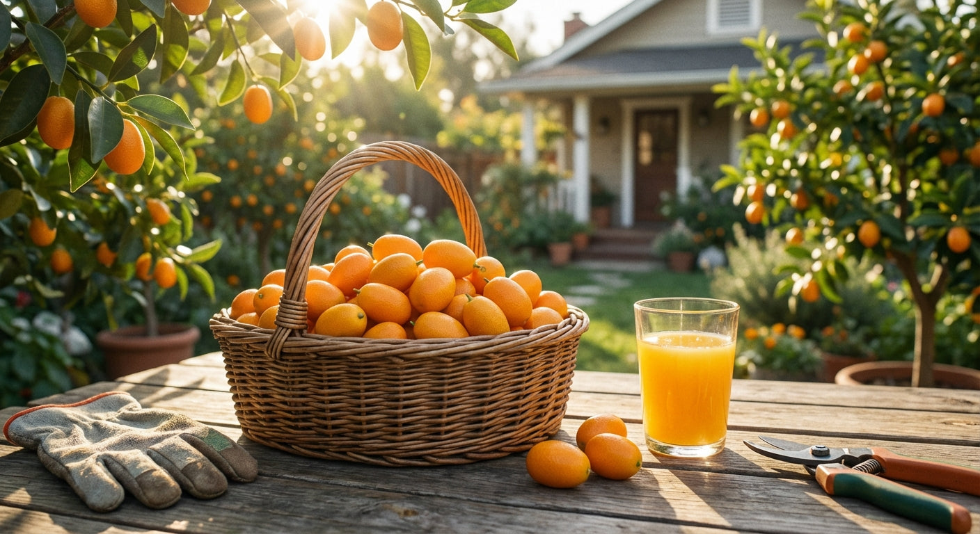 Basket of Nagami Kumquat oranges, glass of orange juice, and garden tools on a wooden table with orange trees in the background.