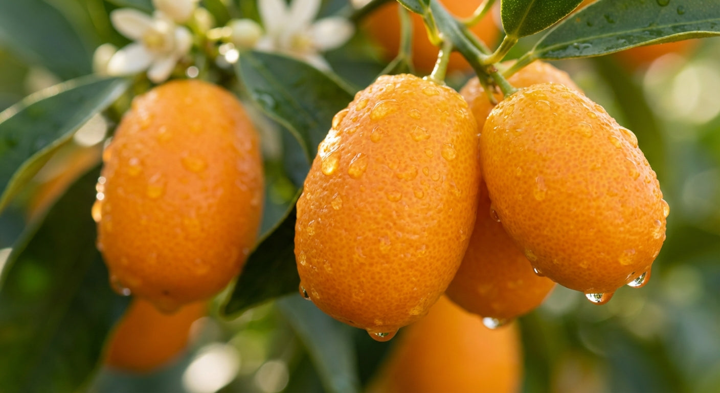 Nagami Kumquat Tree Oranges with water droplets on a branch with green leaves
