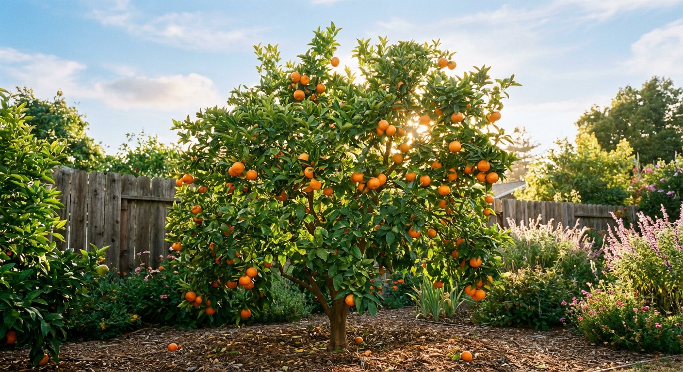 Page Mandarin Tree Orange tree laden with fruit in a garden setting with a wooden fence and sky in the background.