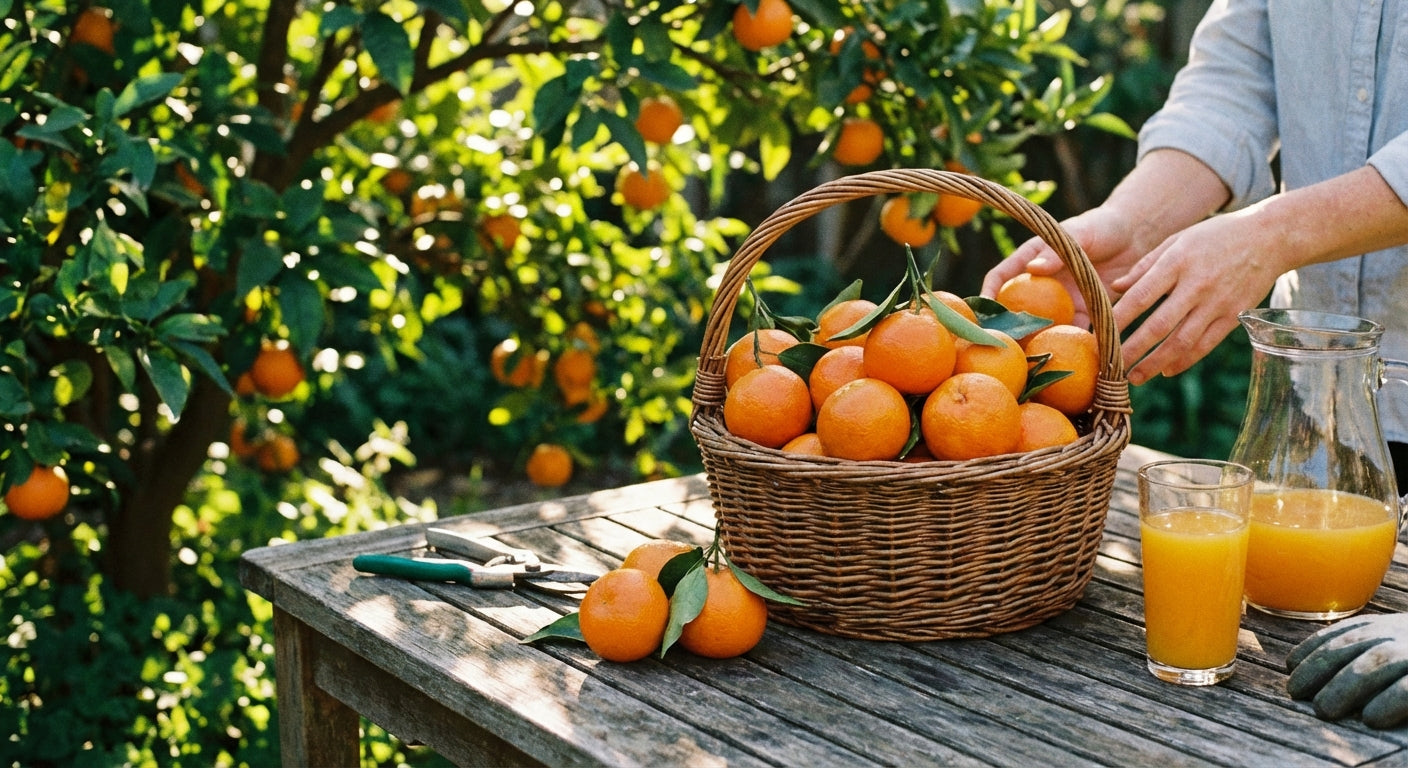 Person arranging Page Mandarin oranges in a basket with a glass of orange juice on a wooden table outdoors.