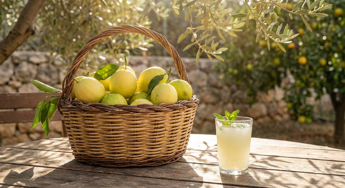 Palestine Sweet Lime Tree Basket of lemons on a wooden table with a glass of lemonade in a rustic outdoor setting.