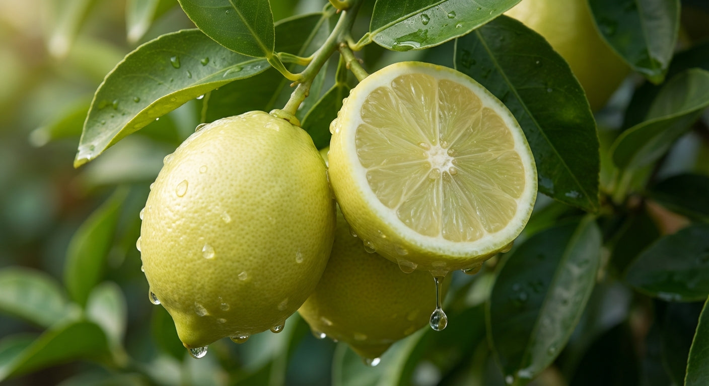 Palestine Sweet Lime Tree Green lemons with water droplets on a lemon tree