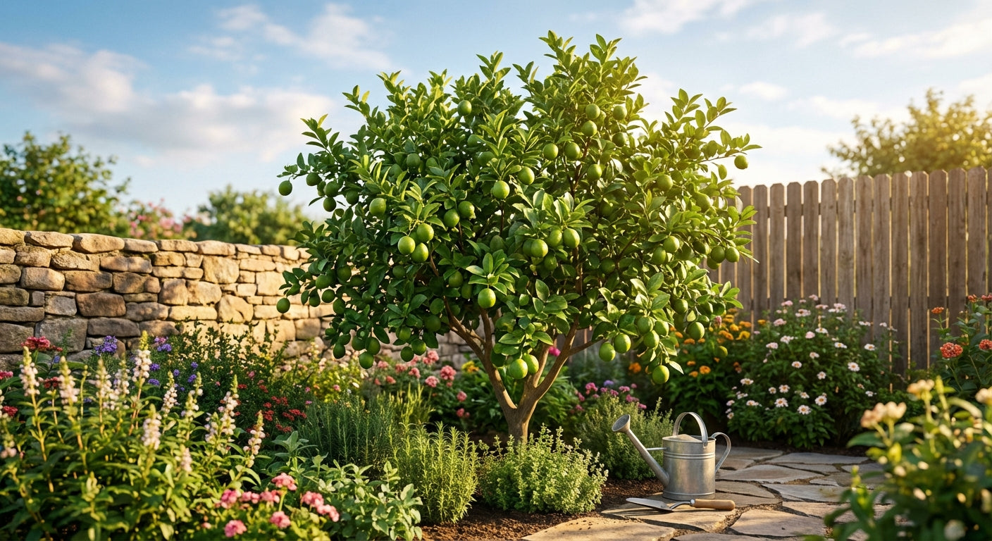 Persian (Bearss) Lime tree in a garden with flowers and a stone wall in the background