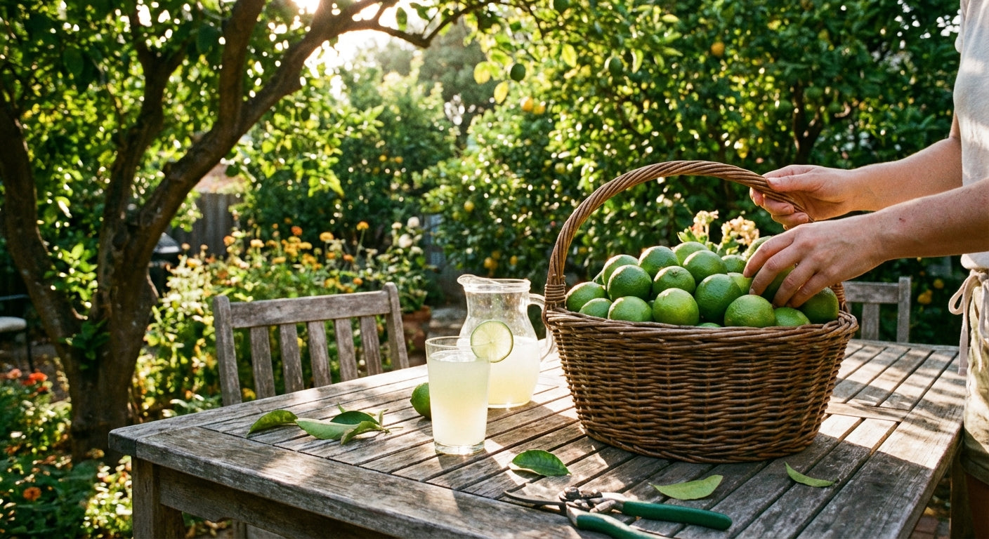 Person picking Persian (Bearss) Lime  from a basket on a wooden table outdoors
