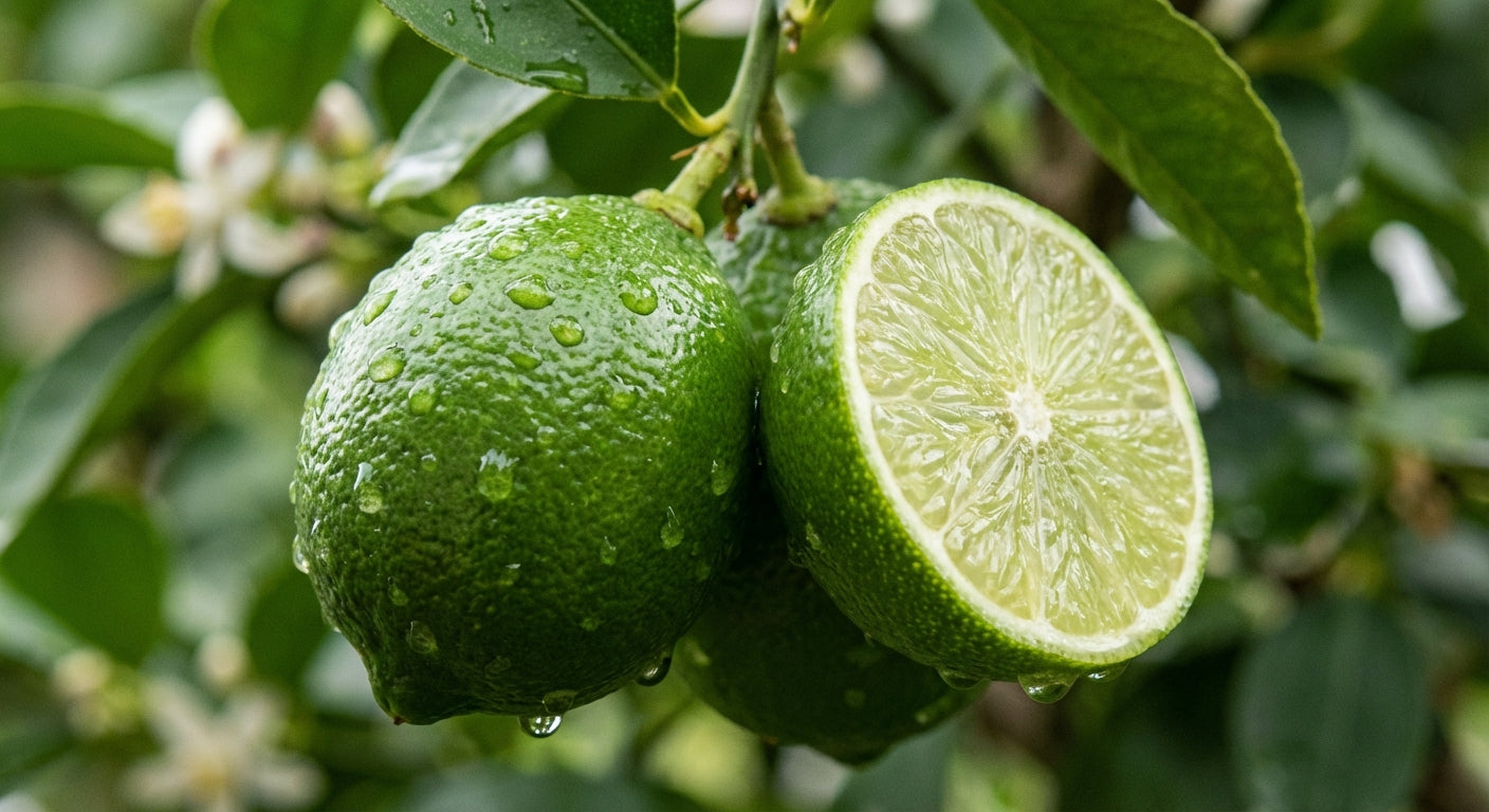 Persian (Bearss) Lime with one sliced open on a tree branch