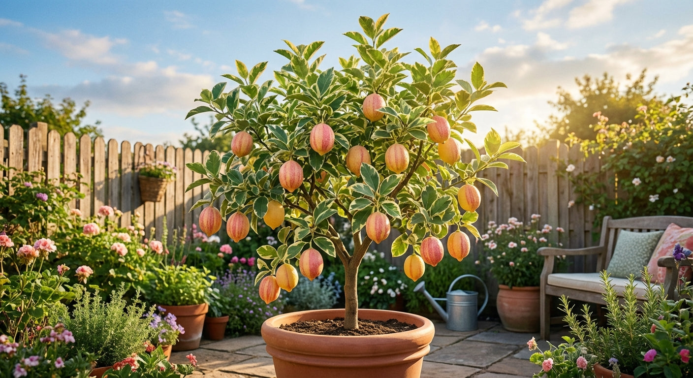 Pink Variegated Eureka Lemon Potted fruit tree with fruits in a garden setting