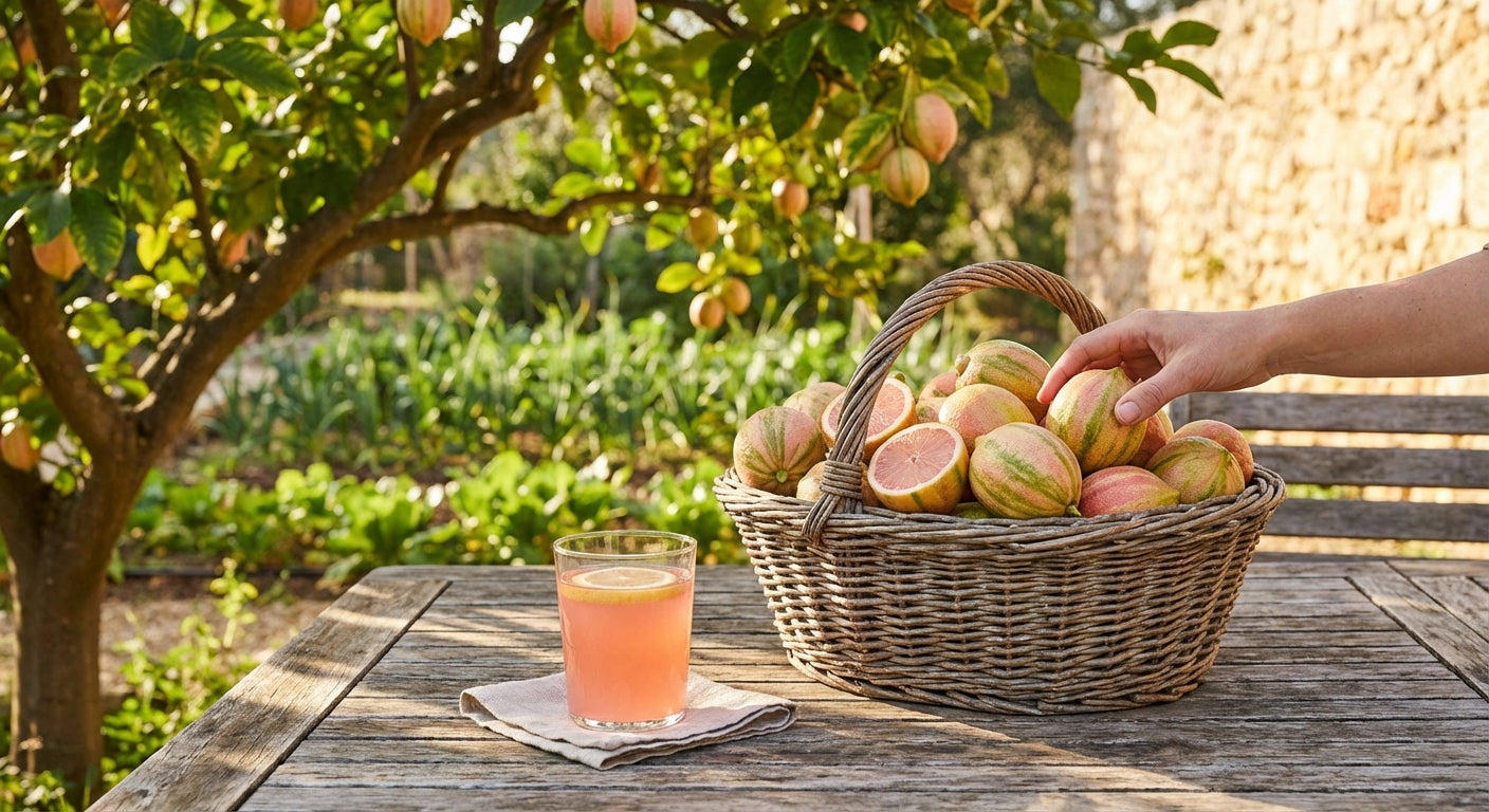 Person picking Pink Variegated Eureka Lemon  from a basket on a wooden table with a glass of juice, surrounded by an apple tree.