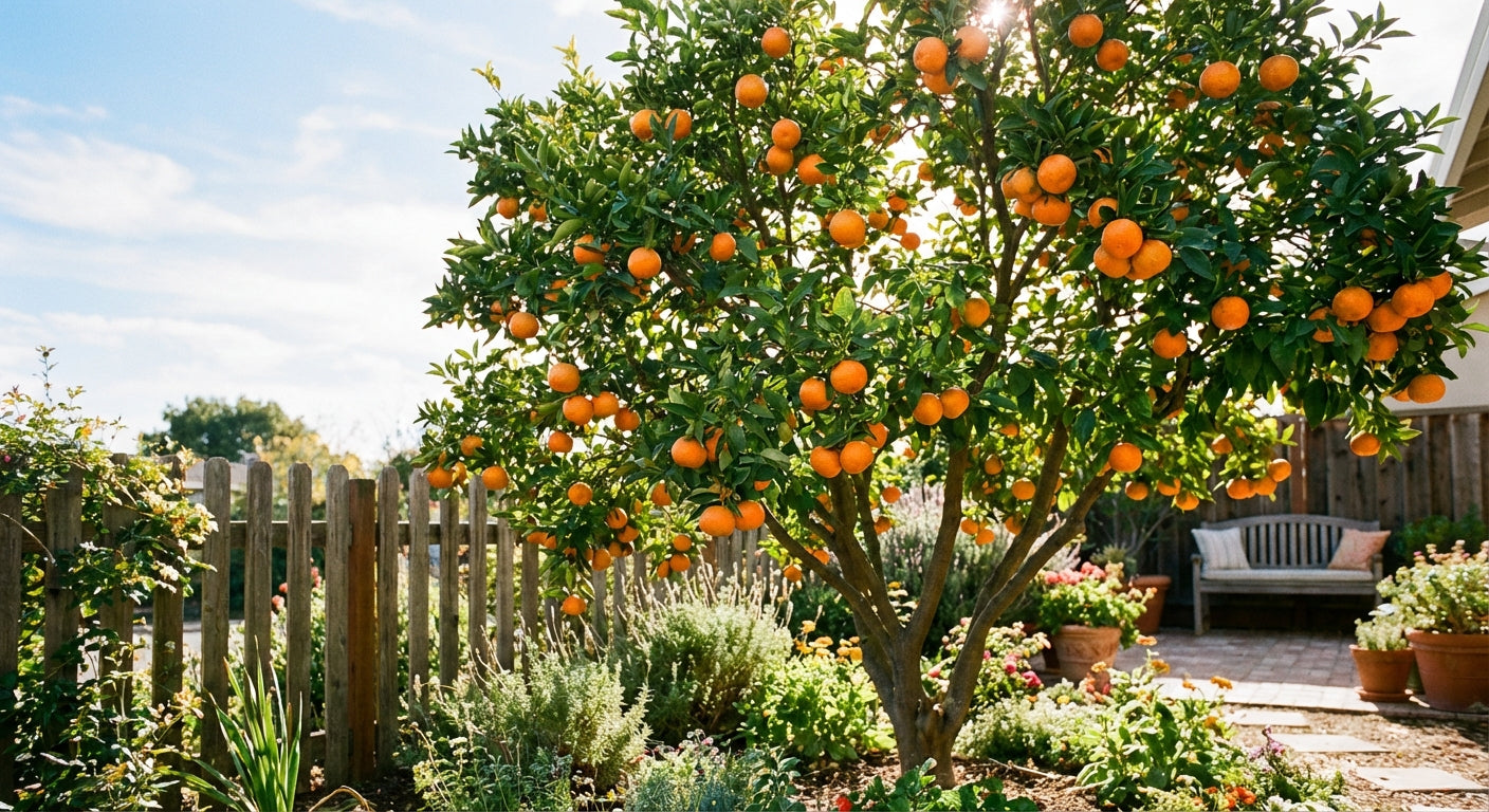 Ponkan Mandarin Orange tree laden with fruit in a garden setting