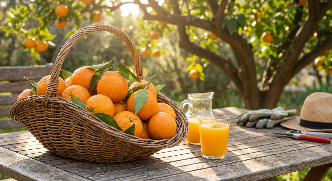 Ponkan Mandarin Basket of oranges on a wooden table with a glass of orange juice, surrounded by orange trees.