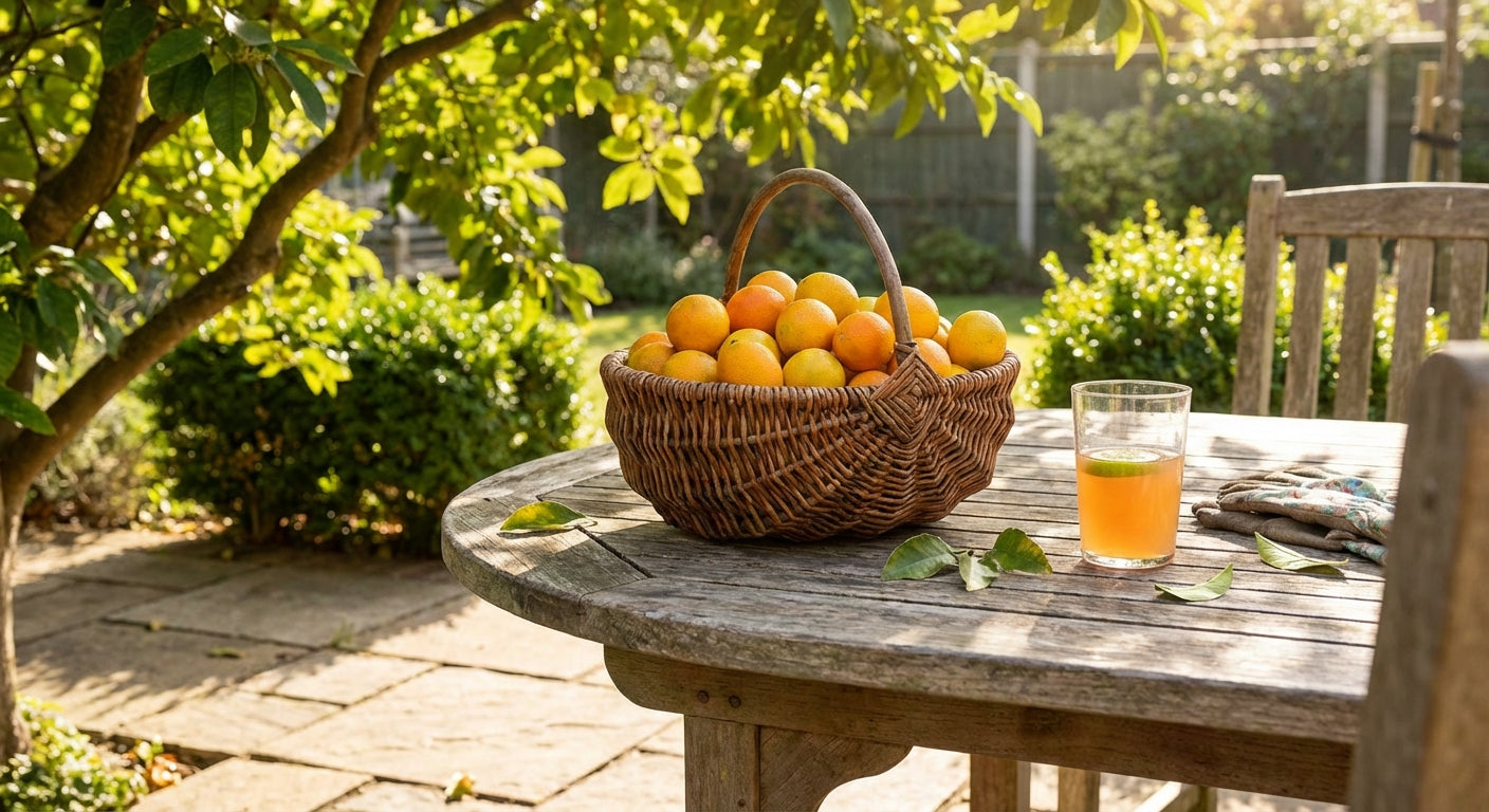 Rangpur Lime Tree Basket of oranges on a wooden table with a glass of juice in a garden setting