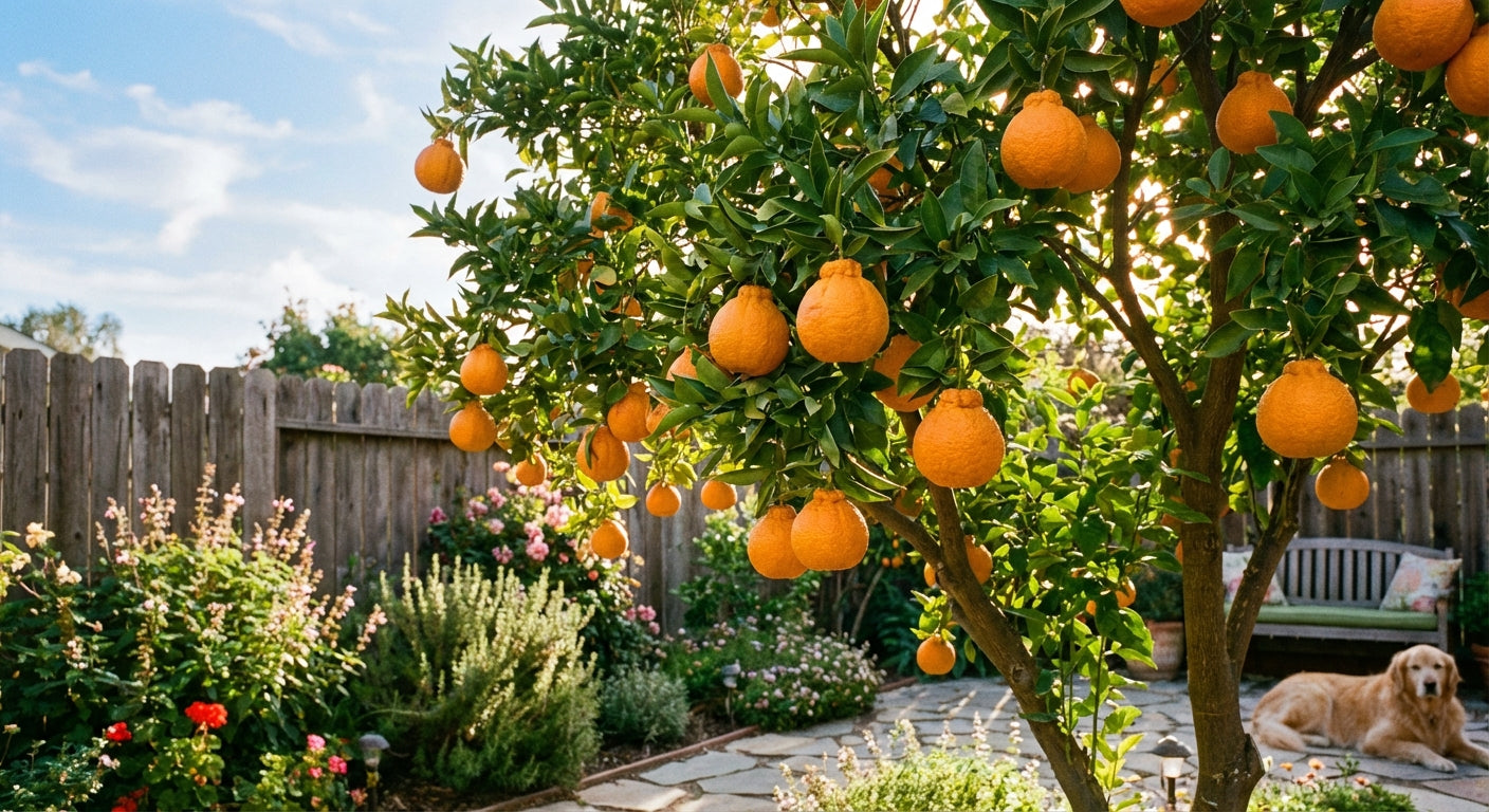 Shiranui Mandarin Orange tree with ripe oranges in a garden setting with a wooden fence and bench.