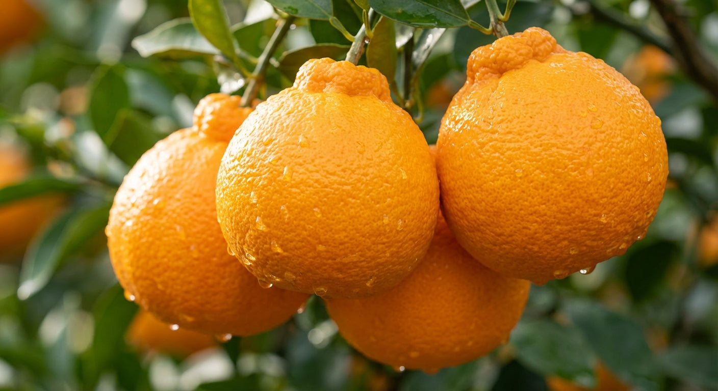 Shiranui Mandarin Tree Oranges hanging from a tree with green leaves
