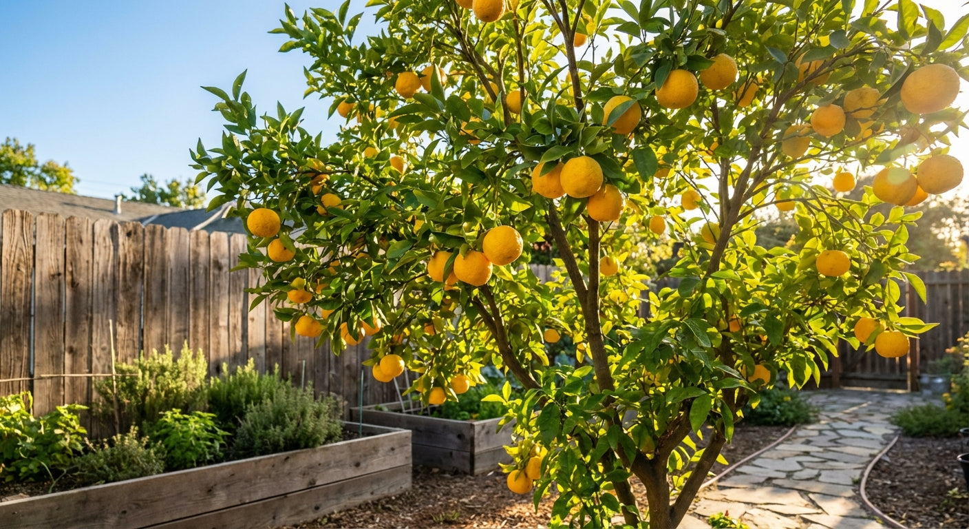 Yuzu Ichandrin Lemon tree with ripe lemons in a garden setting